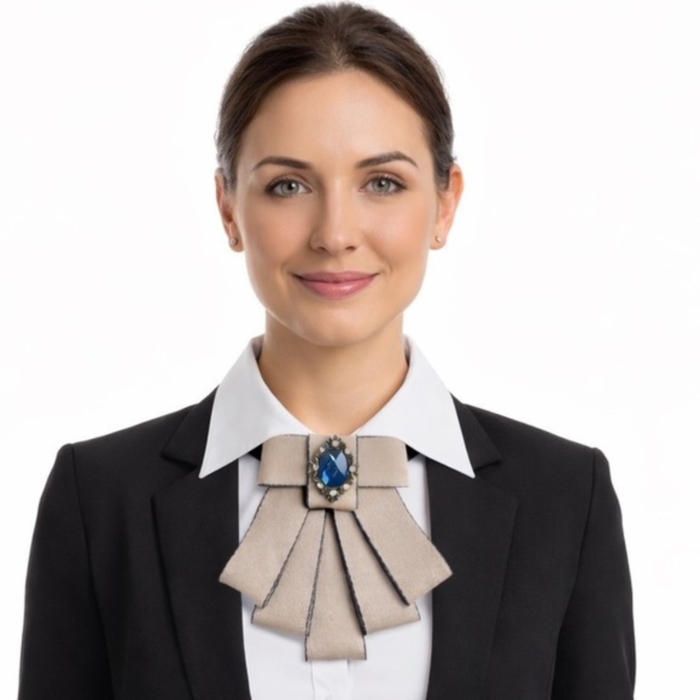 Vintage Style Ribbon Bow Tie Brooch Blue Gemstone Champagne Navy Trim ChicJ-01